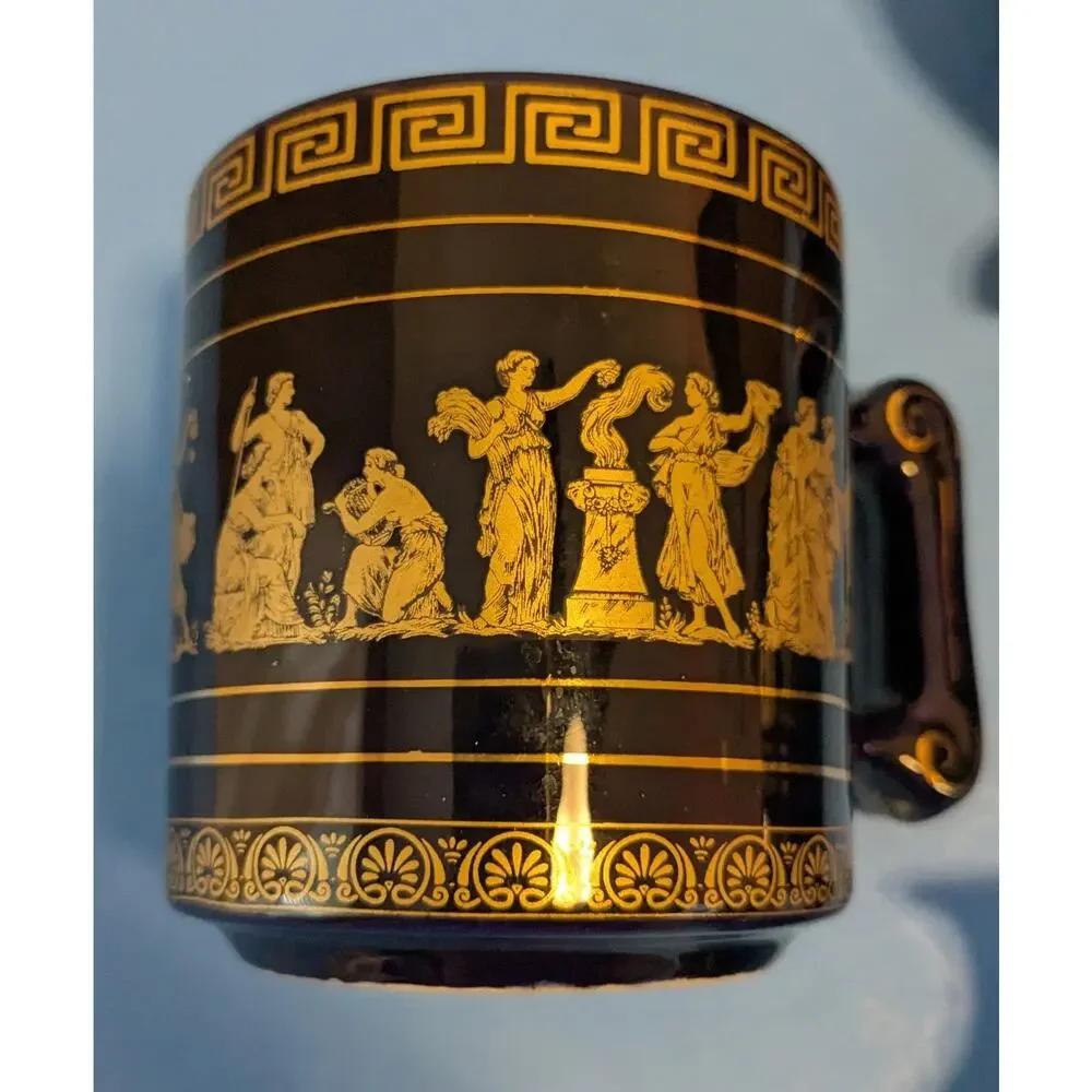 Vintage Handmade Greek Pottery Set 24K Gold Black Glaze 2 Mugs 2 Vases Sicily